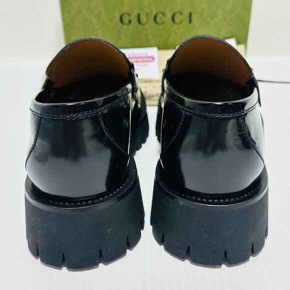 Gucci Interlocking G Chain 10/ US 10.5 Loafers Black Leather Lug Sole Shoes NIB - Picture 10 of 16